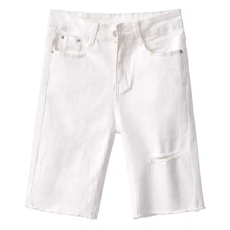 Black White Straight Stretch Denim Shorts Women Midi Jeans Summer Shorts Women Streetwear Hole Ripped High Waist Shorts C7336