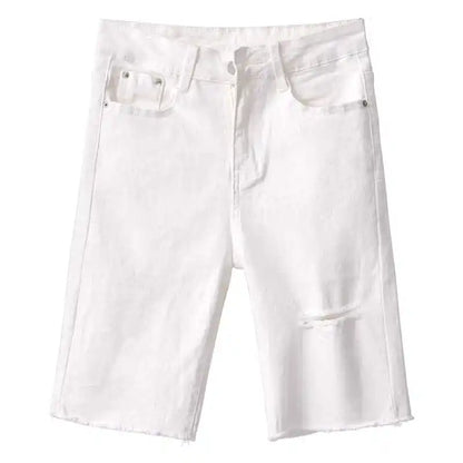 Black White Straight Stretch Denim Shorts Women Midi Jeans Summer Shorts Women Streetwear Hole Ripped High Waist Shorts C7336