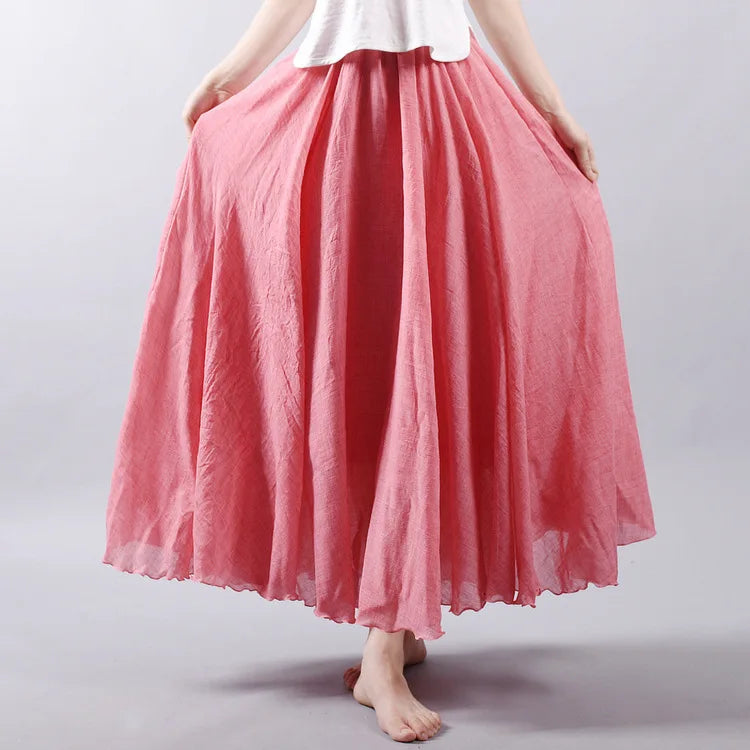 Women's Elegant High Waist Linen Maxi Skirt 2024 Summer Ladies Casual Elastic Waist 2 Layers Skirts saia feminina