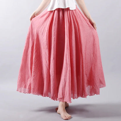 Women's Elegant High Waist Linen Maxi Skirt 2024 Summer Ladies Casual Elastic Waist 2 Layers Skirts saia feminina