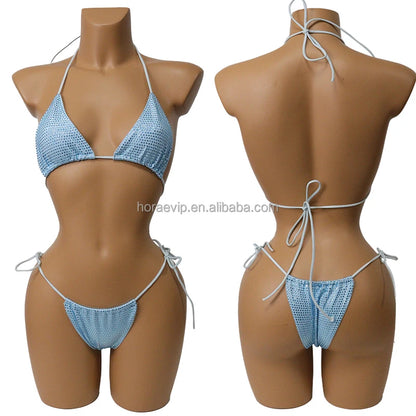 S573 Factory Supply Full Rhinestone Swimwear Swimsuit Two Pieces Sexy Bikini Neon Green Crystal Swimming Bathing Suit for Girl