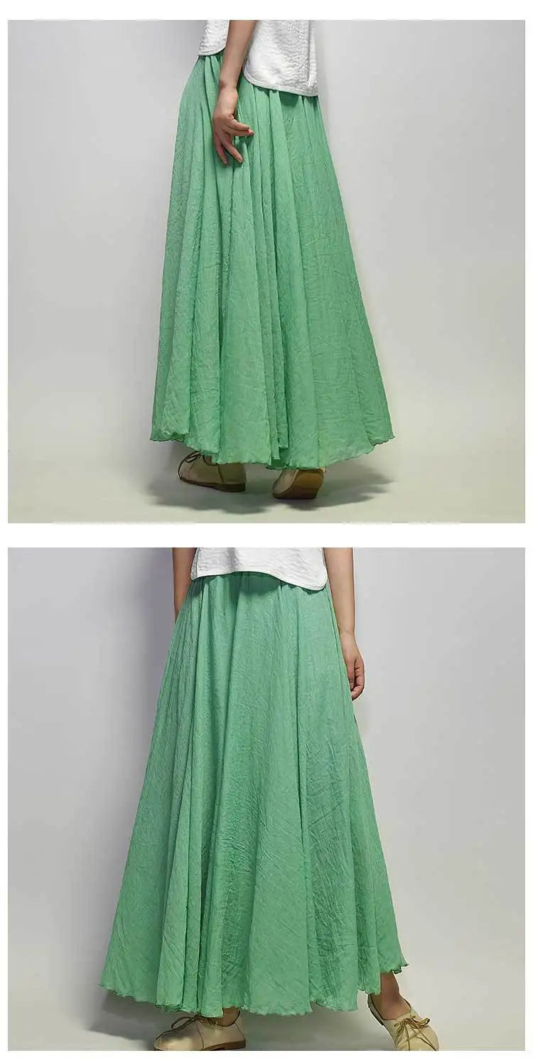 Women's Elegant High Waist Linen Maxi Skirt 2024 Summer Ladies Casual Elastic Waist 2 Layers Skirts saia feminina