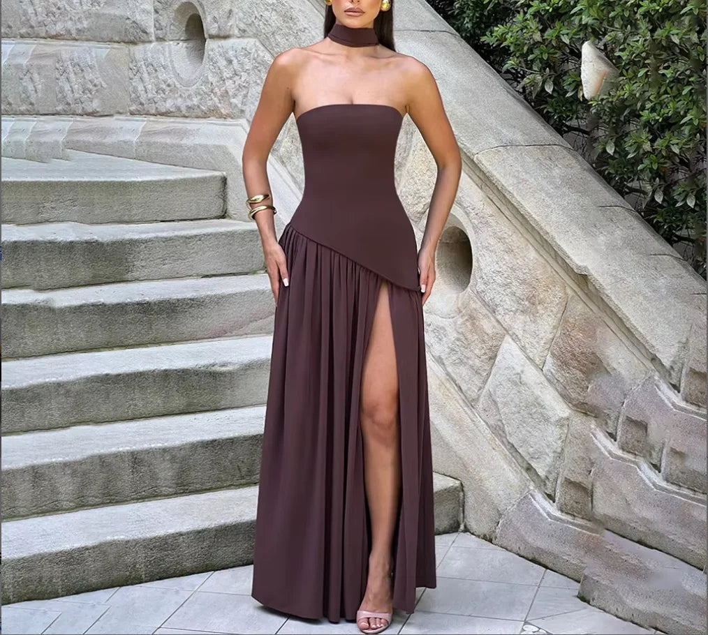 Spring and Summer 2025 Sexy Backless Tube Top Slim Fit Dress New Hot Sale Split Strap Long Dress