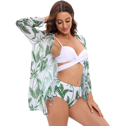 JSN5001 Manufacturer High Waist Floral Vneck Backless Summer Coverups Three Piece Swimwear Set Custom Women Bikini