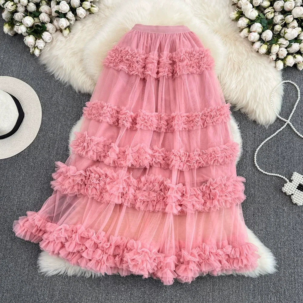 High Waist Slimming Mesh Skirt Elastic Band Over Knee Skirt Irregular Fungus Edge Super fairy Cake Skirt With Lining