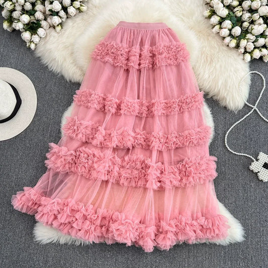 High Waist Slimming Mesh Skirt Elastic Band Over Knee Skirt Irregular Fungus Edge Super fairy Cake Skirt With Lining