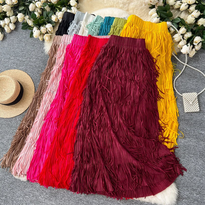 Spring Pleated Tassel Skirt Women Elegant High Waist Office Lady Skirts