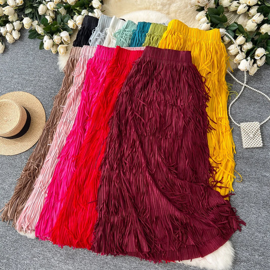 Spring Pleated Tassel Skirt Women Elegant High Waist Office Lady Skirts