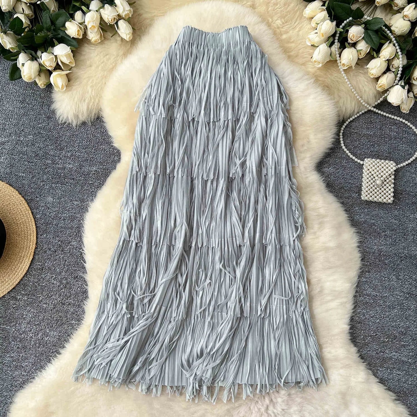 Spring Pleated Tassel Skirt Women Elegant High Waist Office Lady Skirts