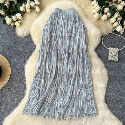 Spring Pleated Tassel Skirt Women Elegant High Waist Office Lady Skirts