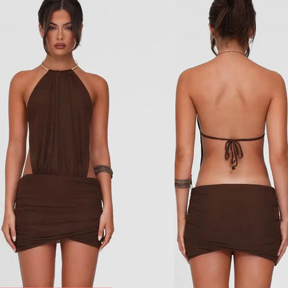 Women's Eco-Friendly Washable Breathable Casual Summer Plain Dyed Solid Knitted Backless Bodycon Elastic Waist Wrap Hem Dress