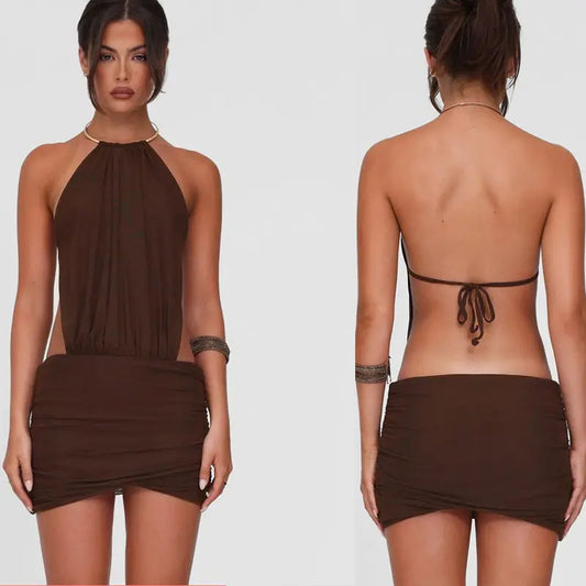 Women's Eco-Friendly Washable Breathable Casual Summer Plain Dyed Solid Knitted Backless Bodycon Elastic Waist Wrap Hem Dress