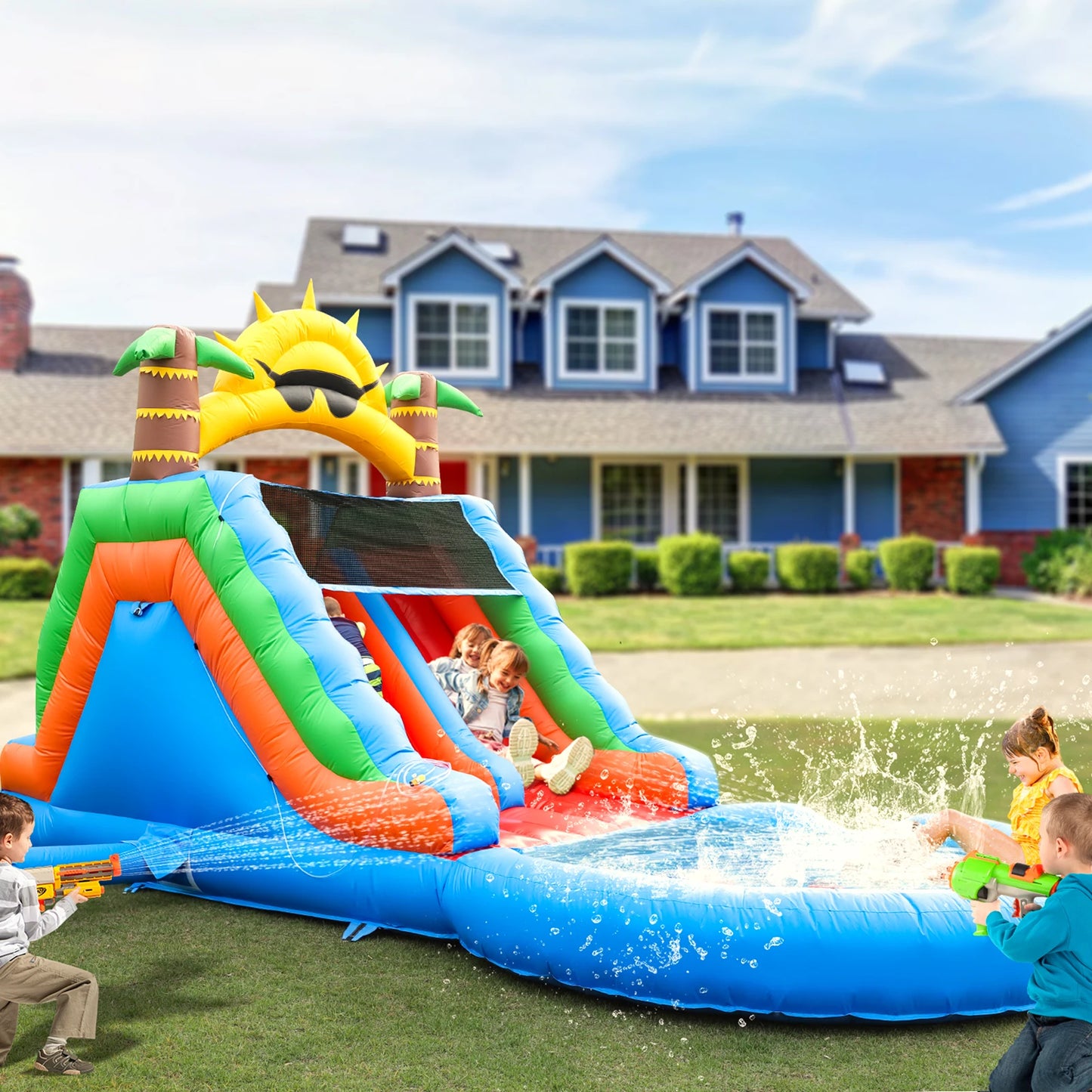 22x11x12.FT Double Lane Inflatable Water Slides Adult Kid Outdoor Games Dry Wet PVC Inflatable Slide With Splash Pool&Climbing