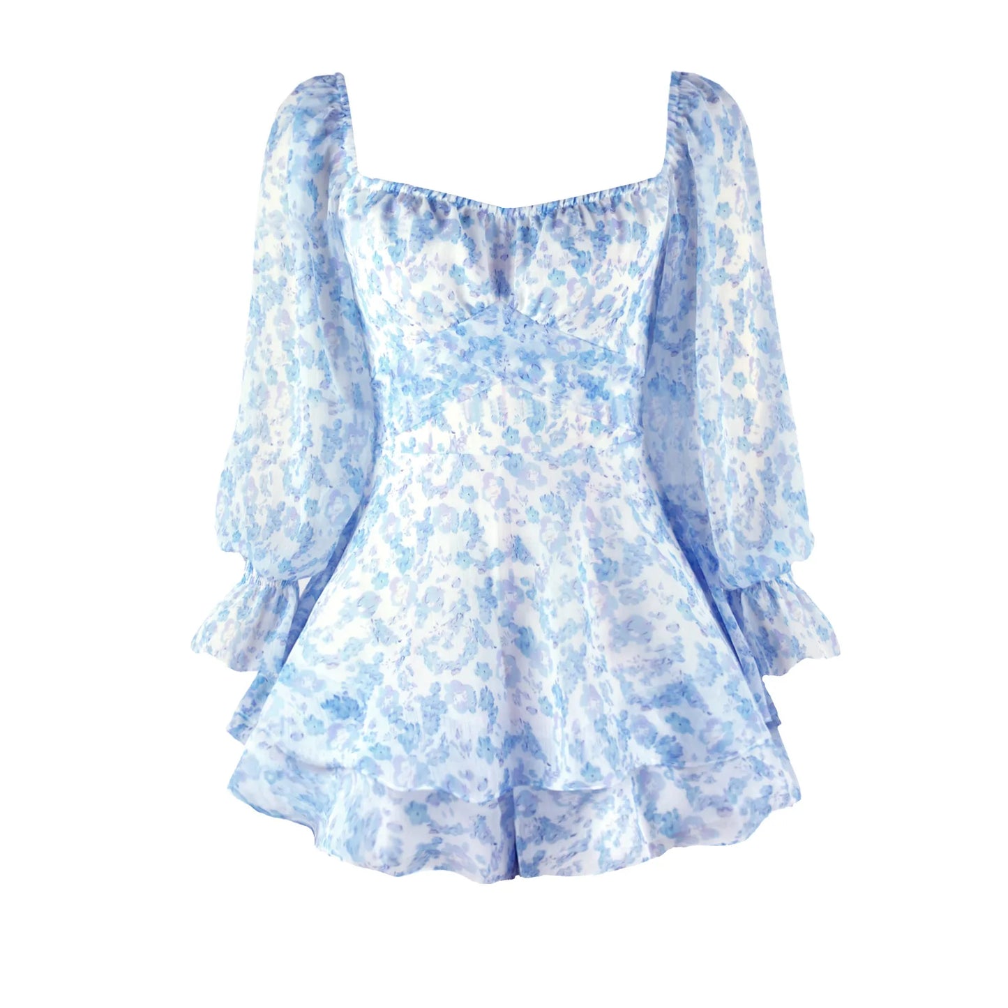 2026 Fashion Floral Jumpsuit With Lantern Sleeve Ruffle Shorts Summer Sexy Backless Women's Dress Square Collar Mini Dress
