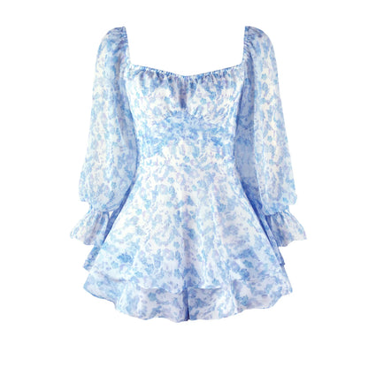 2026 Fashion Floral Jumpsuit With Lantern Sleeve Ruffle Shorts Summer Sexy Backless Women's Dress Square Collar Mini Dress