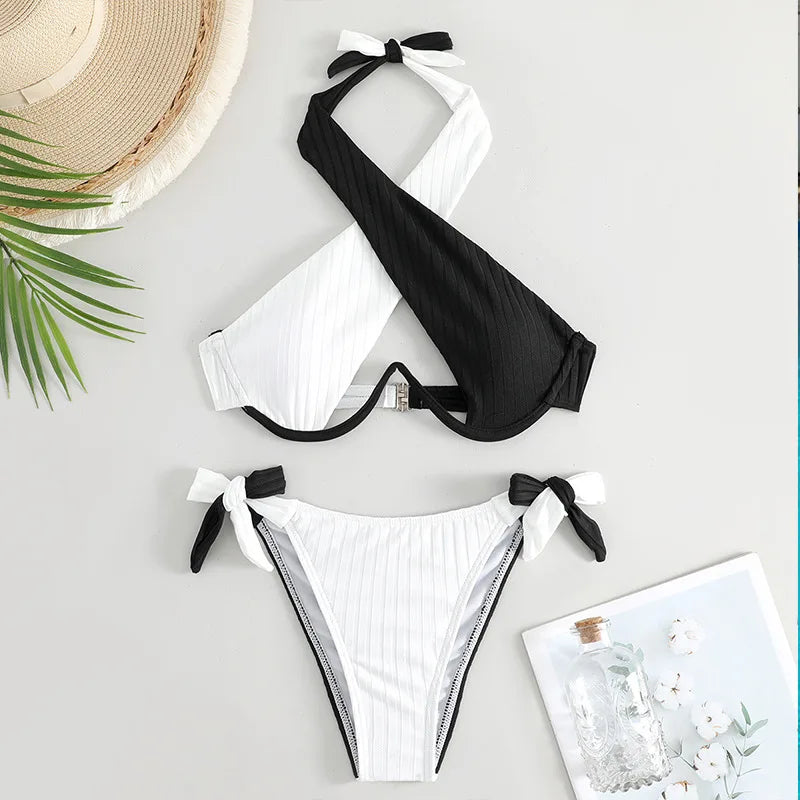 Sexy Drawstring Bandage Bikini Set 2025 Swimwear Women Two Pieces Swimsuit Cross Halter Push up Bikinis Beach Wear Bathing Suit