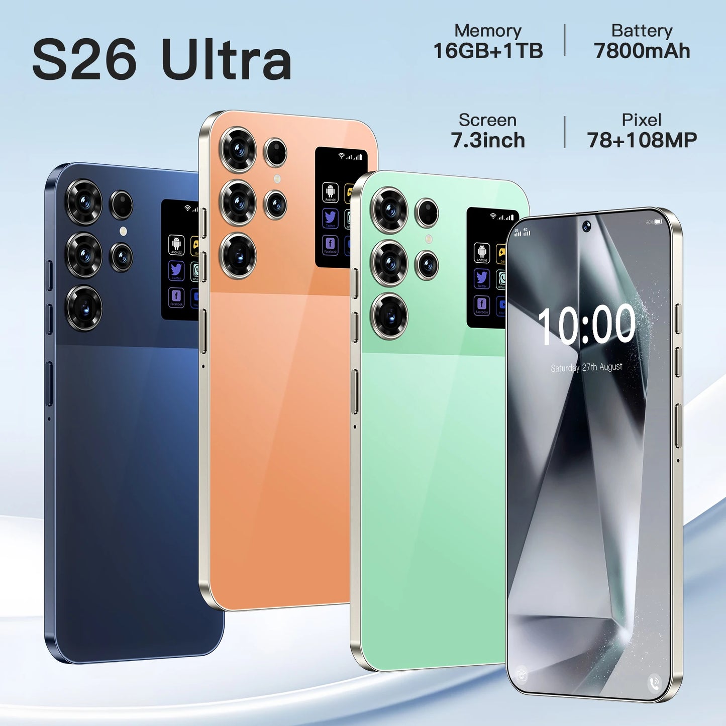 S26 Ultra Android Smartphone 7.3 Inch 16+1TB Big Screen 108MP Rear Camera Unlocked LTE Cellular Mobile Phones