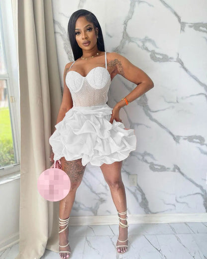 Summer Women Party Clothing Sleeveless Halter Beading Pleated Mini Dress Women Elegant Casual Dresses