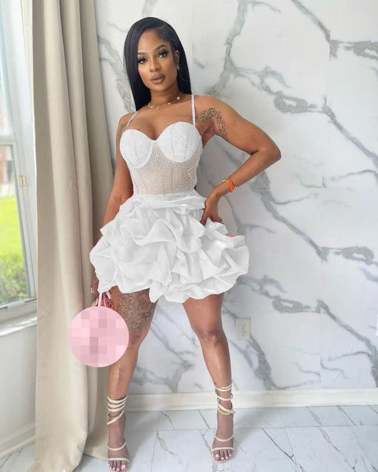 Summer Women Party Clothing Sleeveless Halter Beading Pleated Mini Dress Women Elegant Casual Dresses