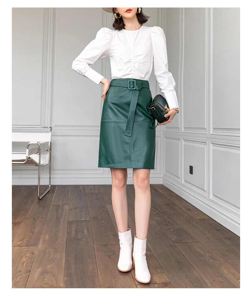 Women Lace-up Genuine Leather Skirt Female Winter Pure Sheep Skin Knee Length Saias With Belt Feminina Neat Stitches Wrap Jupe