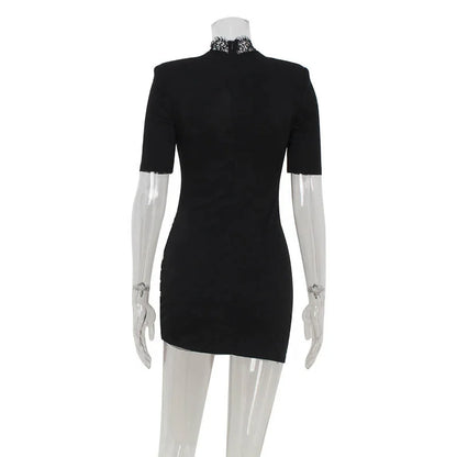 AIMEISI Fashionable Lace Patchwork Hollow Out Party Short Ladies Dresses Simple Bodycon Dress for Women