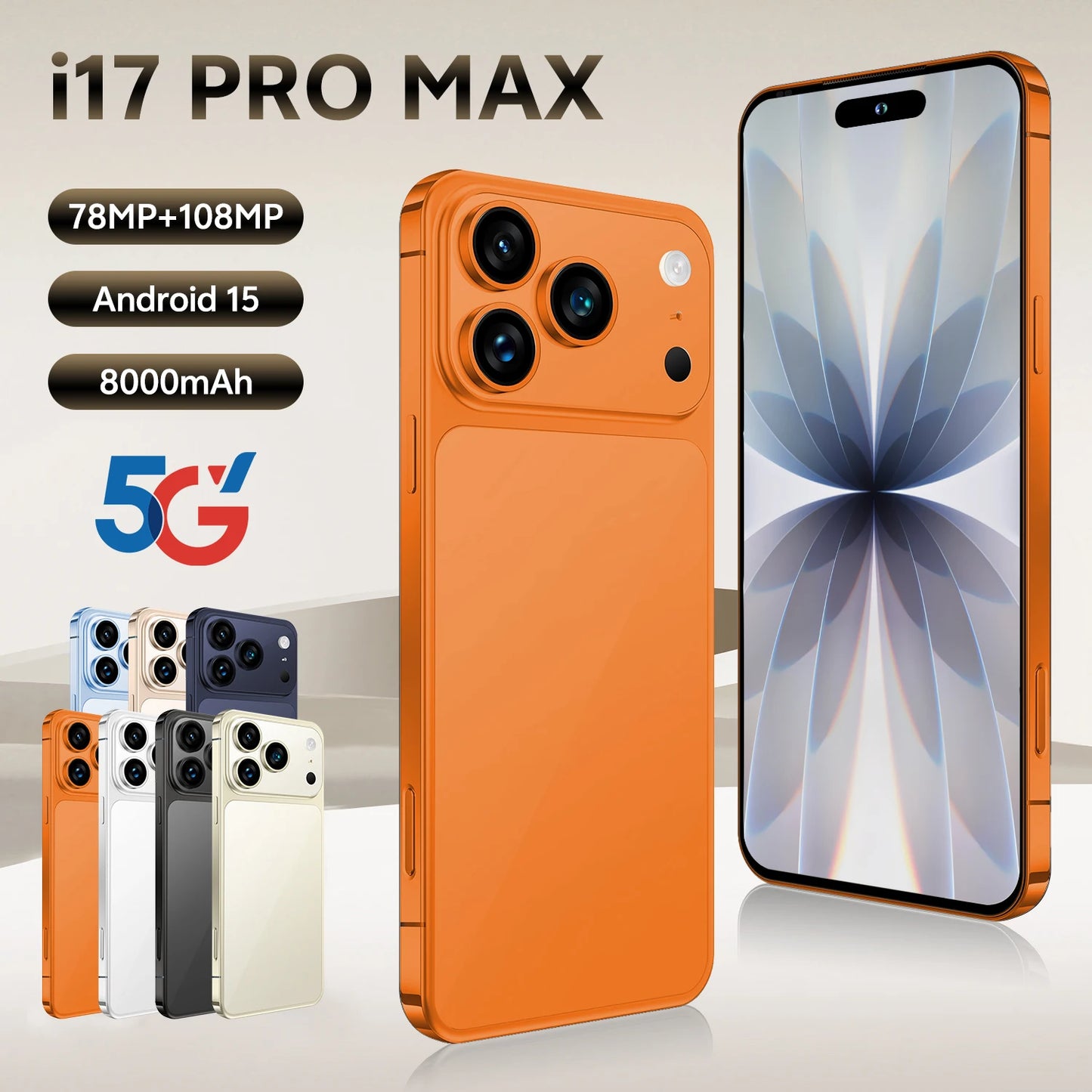 Global Version Unlocked 17 Pro Max 7.3Inch 5G Android 15 Smartphone 1TB Storage HD Screen Resolution CDMA LTE English Spanish