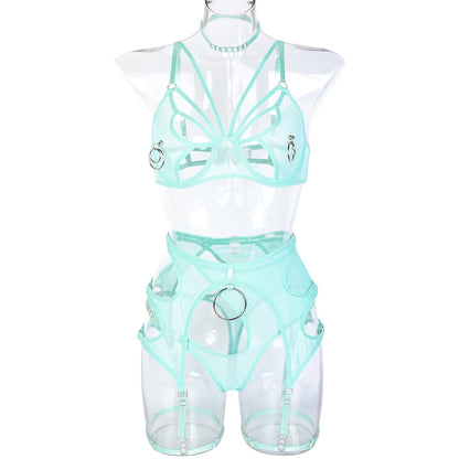 High Quality Sexy Tulle Sheer High Waist Bra and Panty Sets Hollow Out Lace Breathable Mental Ring Steel Erotic Lingerie Women