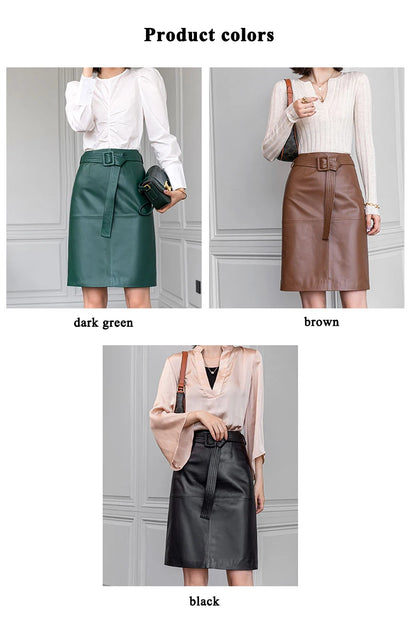 Women Lace-up Genuine Leather Skirt Female Winter Pure Sheep Skin Knee Length Saias With Belt Feminina Neat Stitches Wrap Jupe