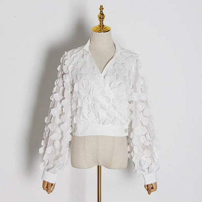 Womens Shirts Blouse Stand Collar Long Sleeve Hollow Out Patchwork Lace Tops Female Spring Elegant Fashion