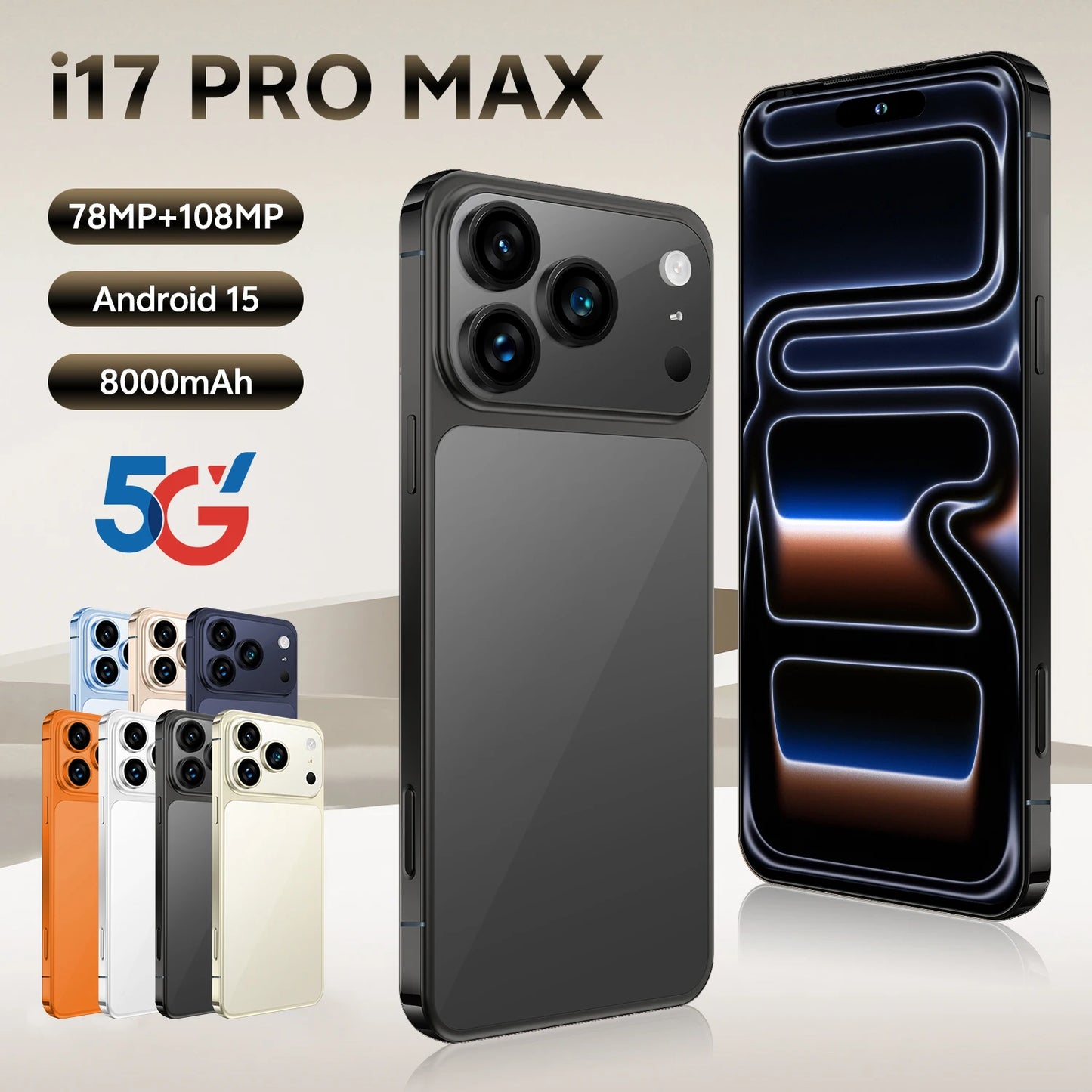 Global Version Unlocked 17 Pro Max 7.3Inch 5G Android 15 Smartphone 1TB Storage HD Screen Resolution CDMA LTE English Spanish