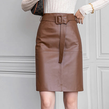 Women Lace-up Genuine Leather Skirt Female Winter Pure Sheep Skin Knee Length Saias With Belt Feminina Neat Stitches Wrap Jupe