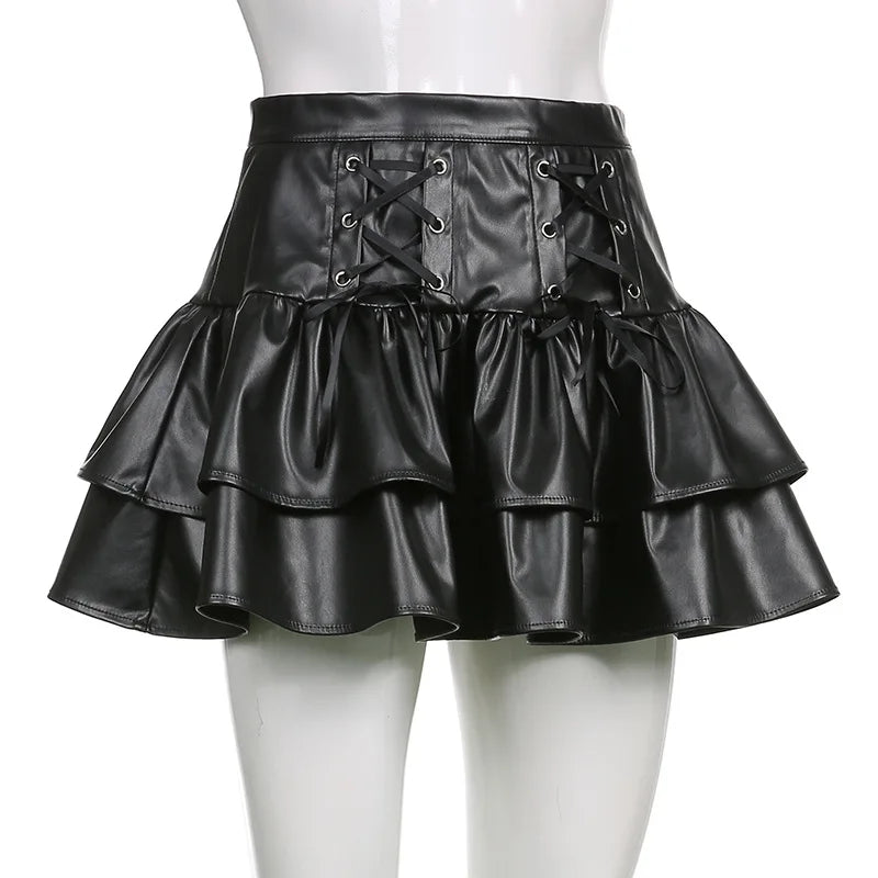 AltGoth Mall Goth Punk PU Skirt Women Dark Gothic Vintage Bandage High Waist Lolita Skirt Harajuku Streetwear Emo Alt Clubwear