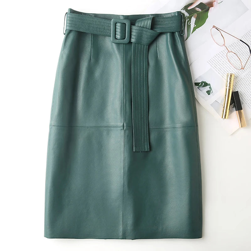 Women Lace-up Genuine Leather Skirt Female Winter Pure Sheep Skin Knee Length Saias With Belt Feminina Neat Stitches Wrap Jupe