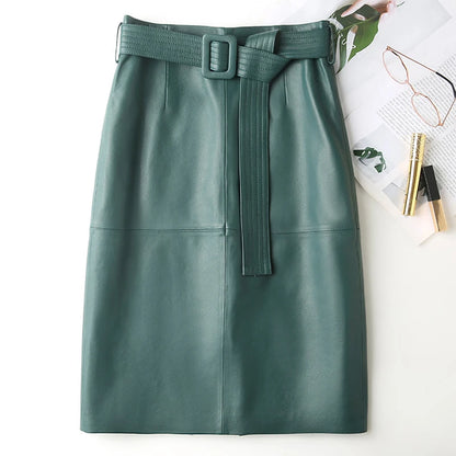 Women Lace-up Genuine Leather Skirt Female Winter Pure Sheep Skin Knee Length Saias With Belt Feminina Neat Stitches Wrap Jupe