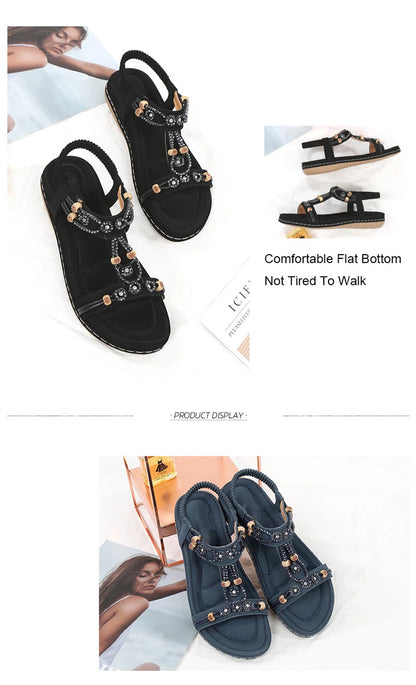 MVVJKE Women Sandals  New Flat Sandals Women Summer Bohemia Style Rhinestone Comfortable Beach Shoes Women Plus
