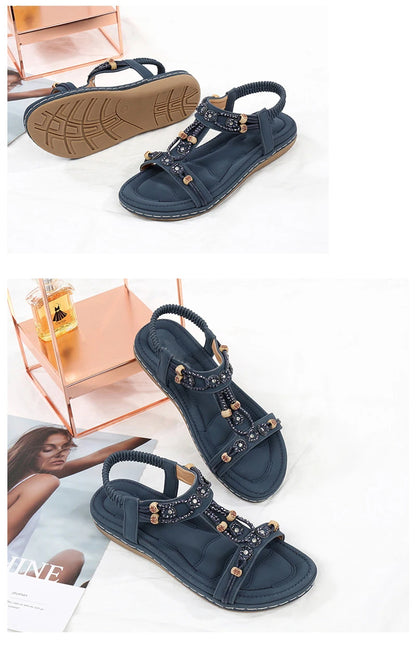 MVVJKE Women Sandals  New Flat Sandals Women Summer Bohemia Style Rhinestone Comfortable Beach Shoes Women Plus