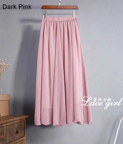 Women's Elegant High Waist Chiffon Skirt Elastic Waist Casual Long Maxi Skirts Saias 80/90/100cm 22 Color 2024 Summer Autumn New