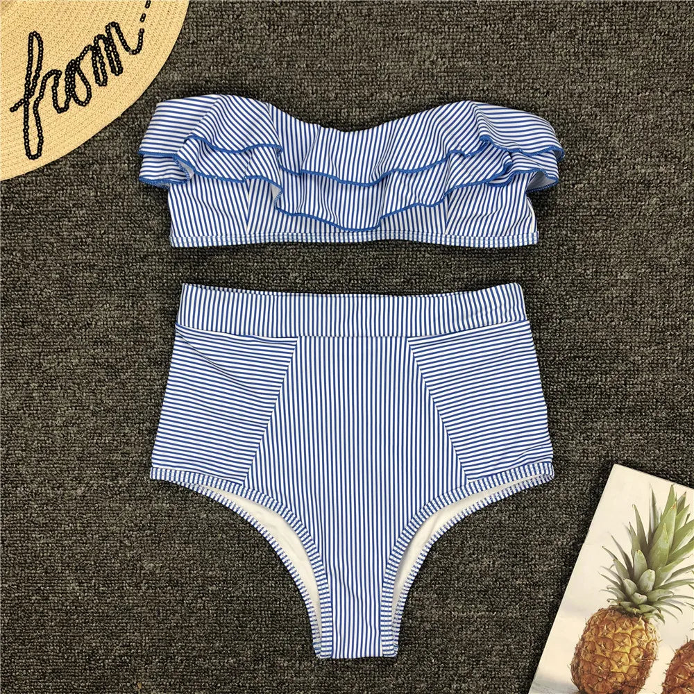 Cikini-Women's Split Swimming Suit, Irregular Striped, Lotus Leaf Edge, High Waist Bikini, Swimming Suit