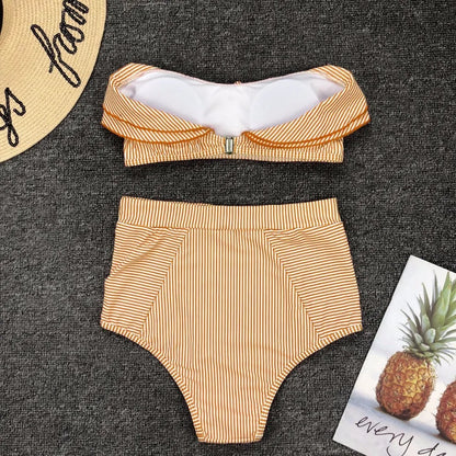 Cikini-Women's Split Swimming Suit, Irregular Striped, Lotus Leaf Edge, High Waist Bikini, Swimming Suit