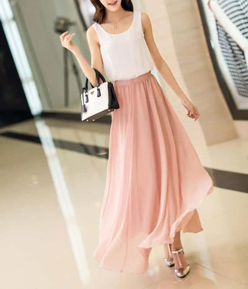 Women's Elegant High Waist Chiffon Skirt Elastic Waist Casual Long Maxi Skirts Saias 80/90/100cm 22 Color 2024 Summer Autumn New