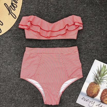 Cikini-Women's Split Swimming Suit, Irregular Striped, Lotus Leaf Edge, High Waist Bikini, Swimming Suit