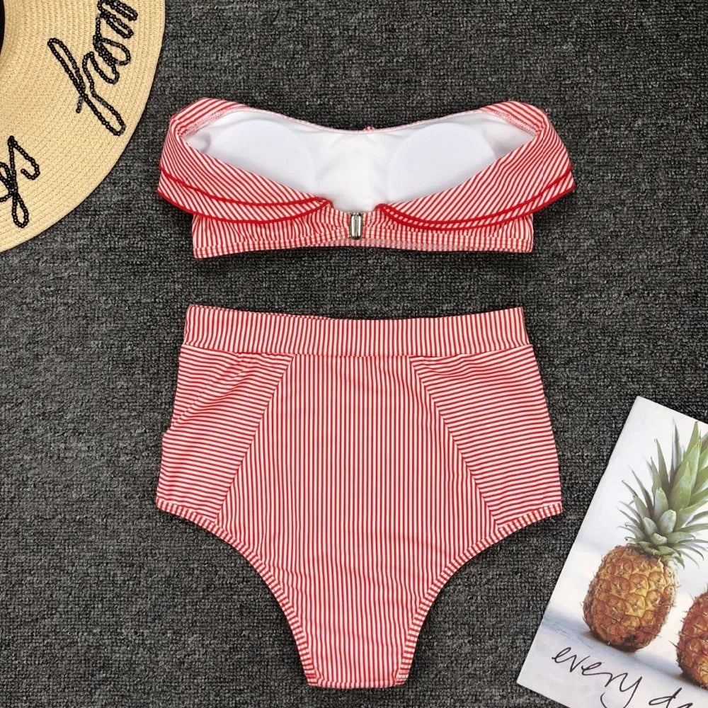 Cikini-Women's Split Swimming Suit, Irregular Striped, Lotus Leaf Edge, High Waist Bikini, Swimming Suit