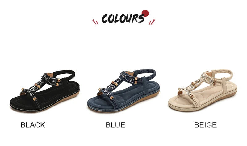 MVVJKE Women Sandals  New Flat Sandals Women Summer Bohemia Style Rhinestone Comfortable Beach Shoes Women Plus