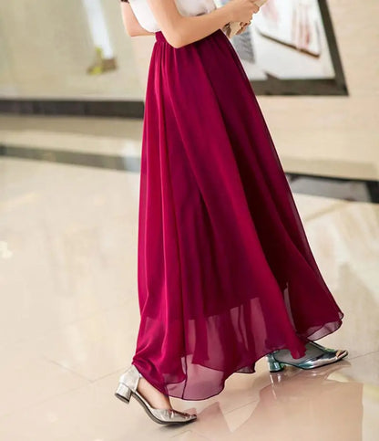 Women's Elegant High Waist Chiffon Skirt Elastic Waist Casual Long Maxi Skirts Saias 80/90/100cm 22 Color 2024 Summer Autumn New