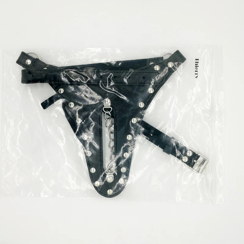 Thierry aAdult Games Female Sex Products Exotic PU Leather Black Thongs Sexy Chain Sexy Chain Adjustable Chastity Belt for Women