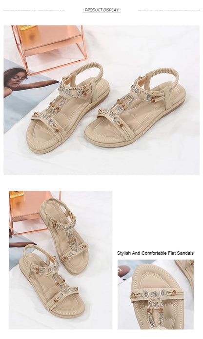 MVVJKE Women Sandals  New Flat Sandals Women Summer Bohemia Style Rhinestone Comfortable Beach Shoes Women Plus