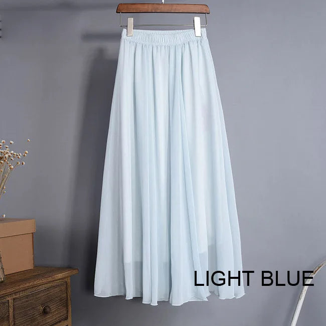 Women's Elegant High Waist Chiffon Skirt Elastic Waist Casual Long Maxi Skirts Saias 80/90/100cm 22 Color 2024 Summer Autumn New