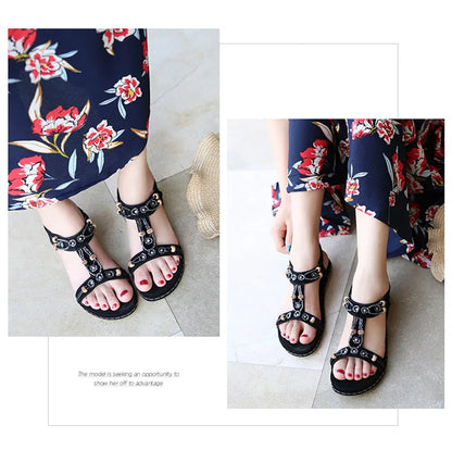 MVVJKE Women Sandals  New Flat Sandals Women Summer Bohemia Style Rhinestone Comfortable Beach Shoes Women Plus