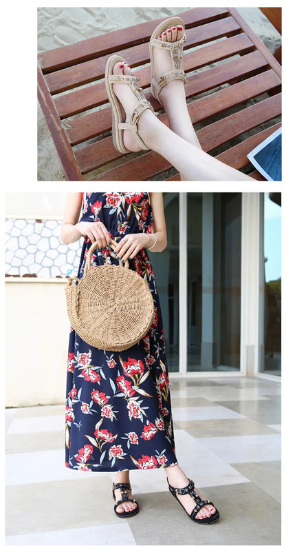 MVVJKE Women Sandals  New Flat Sandals Women Summer Bohemia Style Rhinestone Comfortable Beach Shoes Women Plus