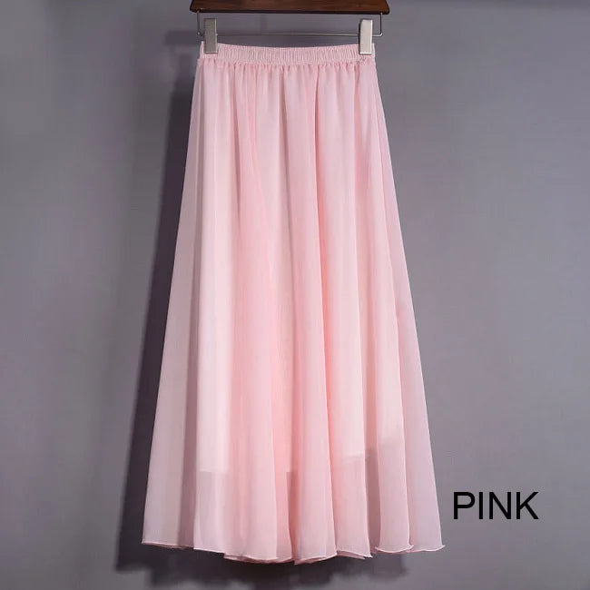 Women's Elegant High Waist Chiffon Skirt Elastic Waist Casual Long Maxi Skirts Saias 80/90/100cm 22 Color 2024 Summer Autumn New